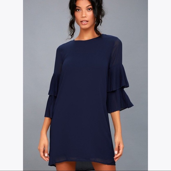 Lulus Ruffle Sleeve Navy Blue Shift Dress - Picture 2 of 8